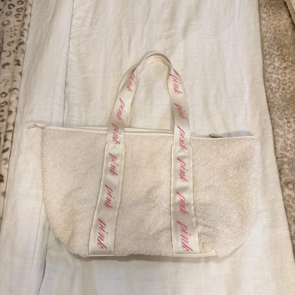 Victorias Secret PINK Sherpa Tote Bag Cream Faux Shearling Logo Strap Zip Top